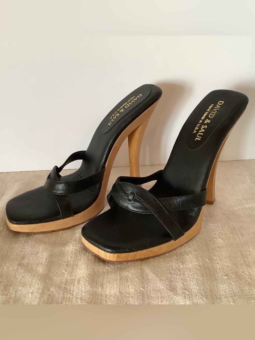 Rare Y2K USA Made Wood Leather Platform Heel Avant-Garde David & Saul. Sz 7